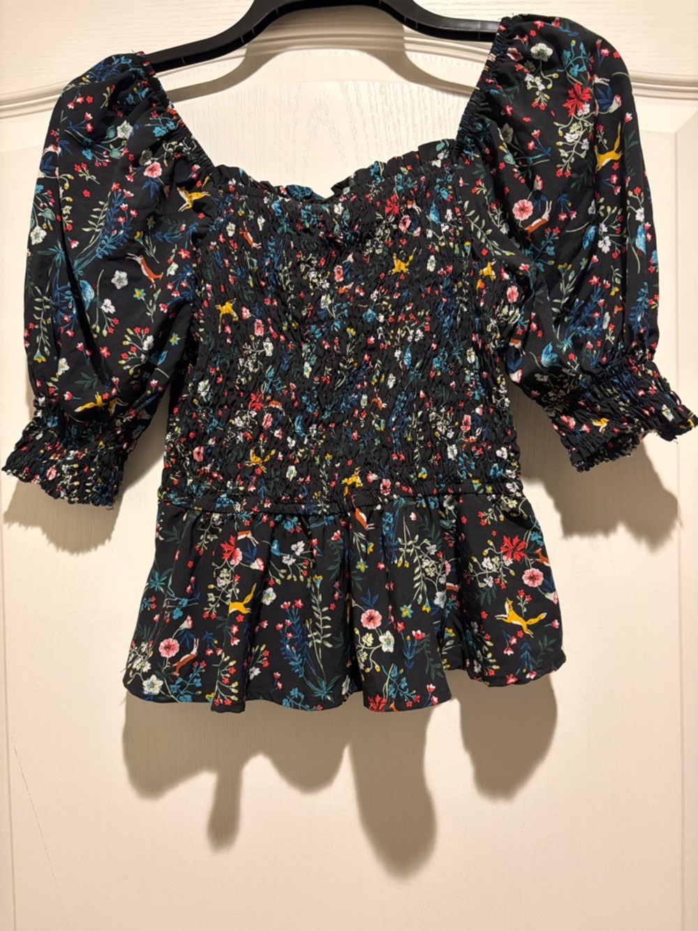 meraki Black Floral Smocked Puff-Sleeve Crop Top